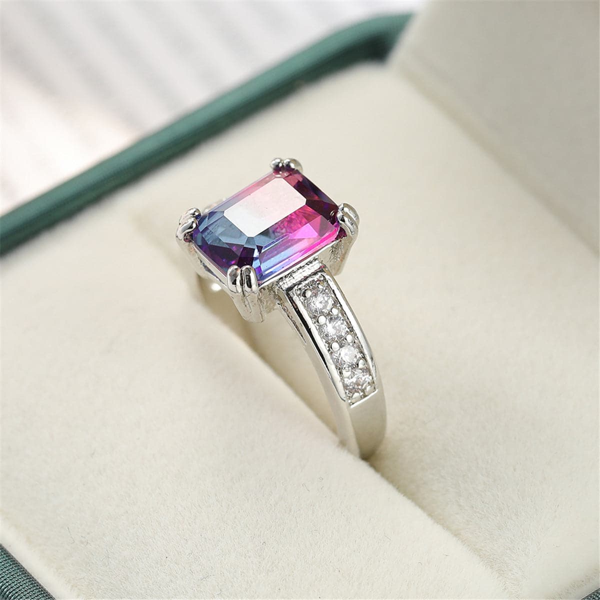 Rose Crystal and Cubic Zirconia Rectangle Double-Prong Ring, statement rings for women, botanical inspired, detail close-up