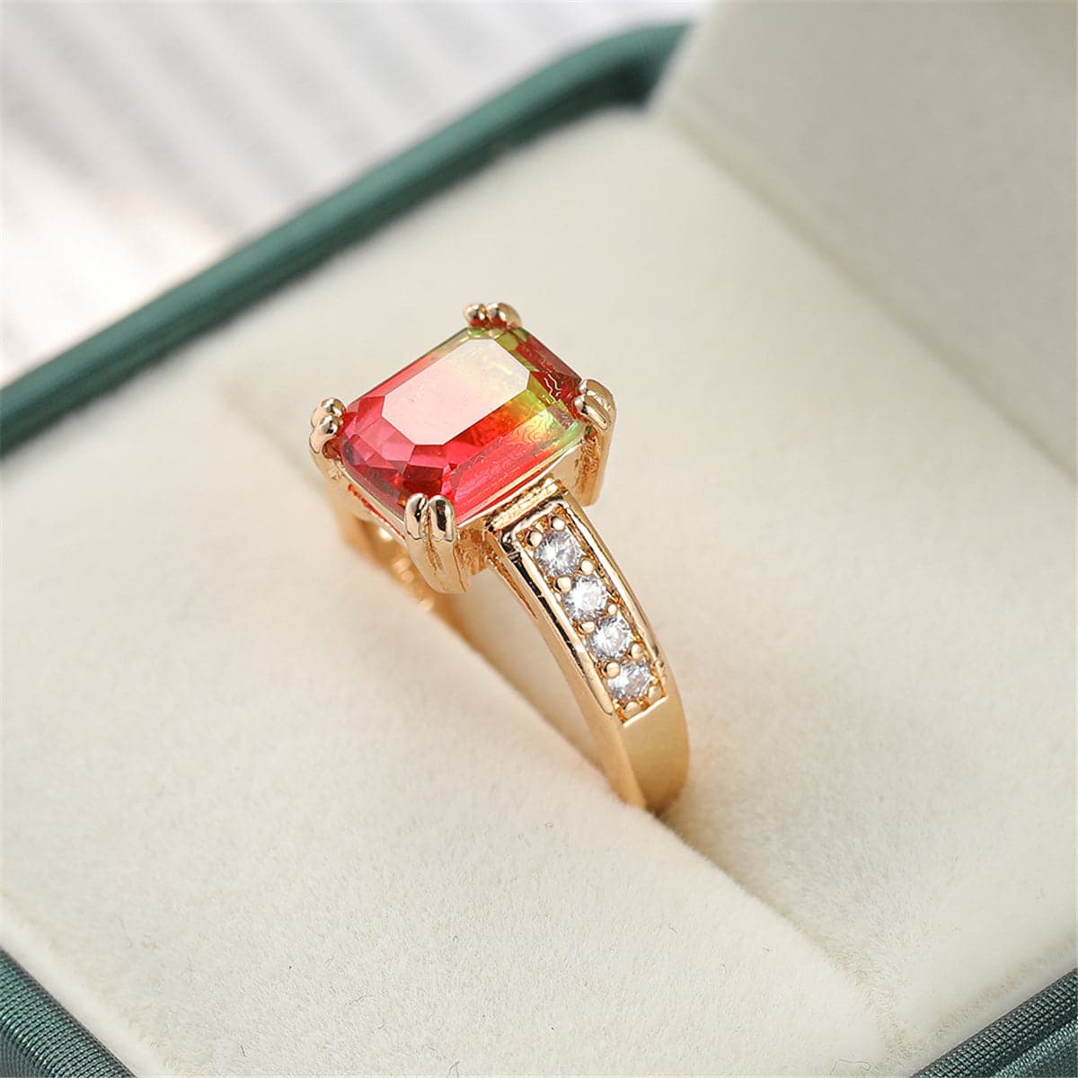 Red Crystal and Cubic Zirconia Rectangle Double-Prong Ring, statement rings for women, elegant gift for her, detail close-up