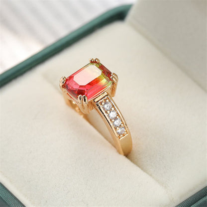 Red Crystal and Cubic Zirconia Rectangle Double-Prong Ring, statement rings for women, elegant gift for her, detail close-up