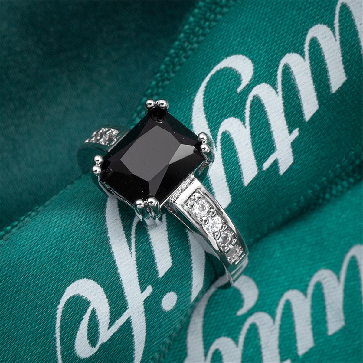 Black Crystal & Silver-Plated Rectangle Solitaire Ring