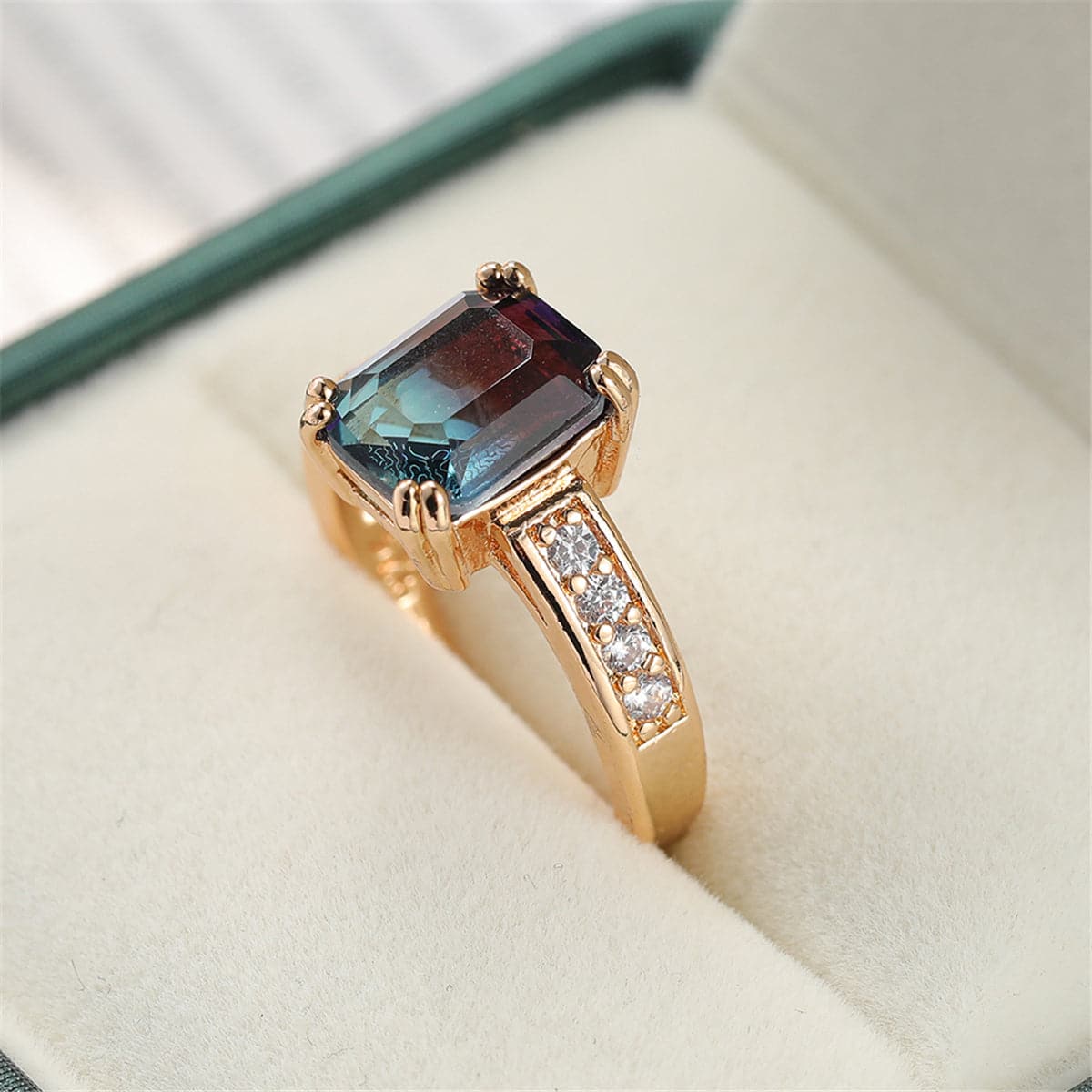 Purple Crystal and Cubic Zirconia Rectangle Double-Prong Ring, statement rings for women, detail close-up