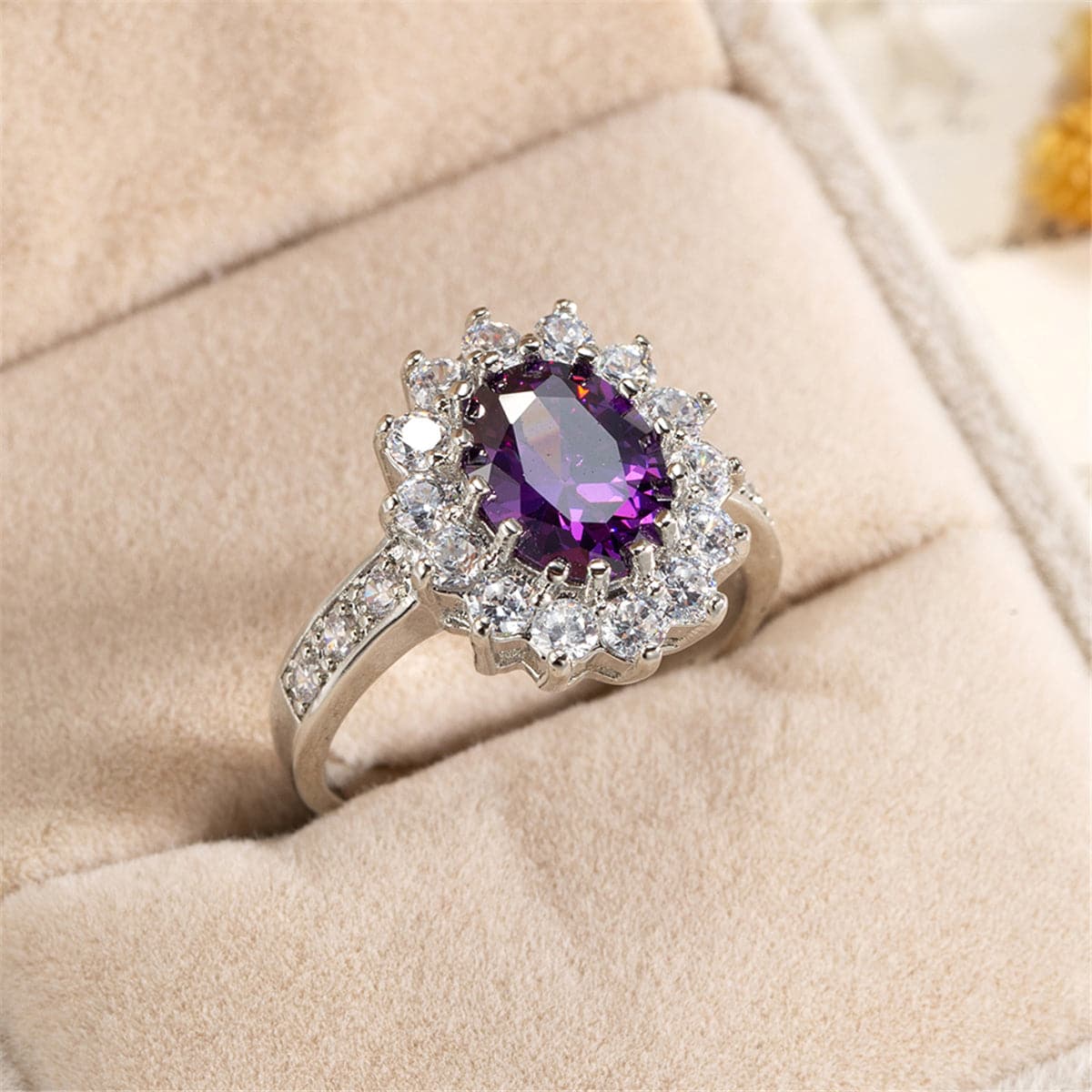 Purple Crystal and Cubic Zirconia Flower Ring, statement rings for women, dainty minimalist design, side view