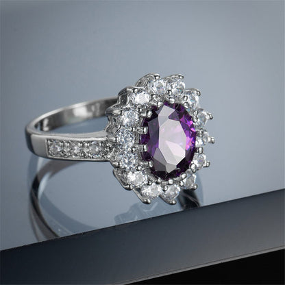 Purple Crystal and Cubic Zirconia Flower Ring, statement rings for women, dainty minimalist design, detail close-up
