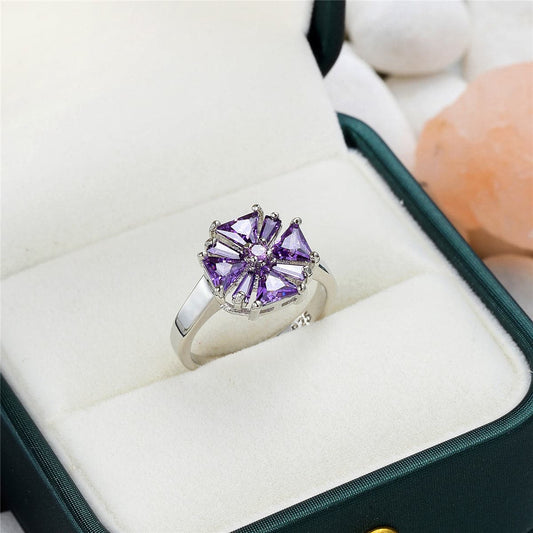 Purple Crystal and Silver-Plated Flower Ring, silver statement rings for women, vintage-inspired design, front view