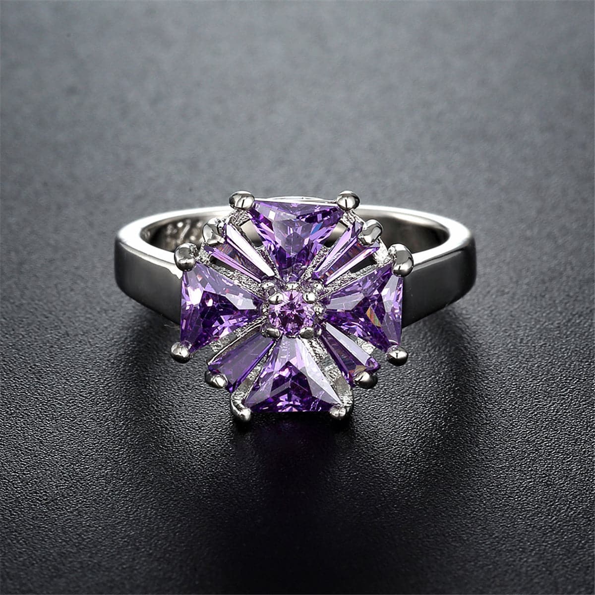 Purple Crystal and Silver-Plated Flower Ring, silver statement rings for women, vintage-inspired design, detail close-up