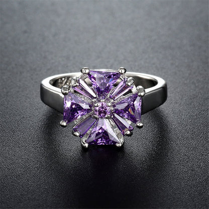 Purple Crystal and Silver-Plated Flower Ring, silver statement rings for women, vintage-inspired design, detail close-up