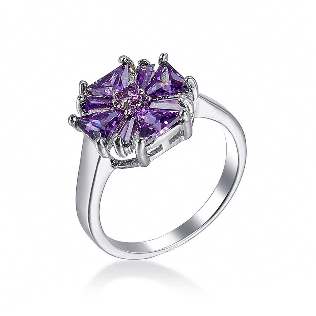 Purple Crystal and Silver-Plated Flower Ring, silver statement rings for women, vintage-inspired design, lifestyle look