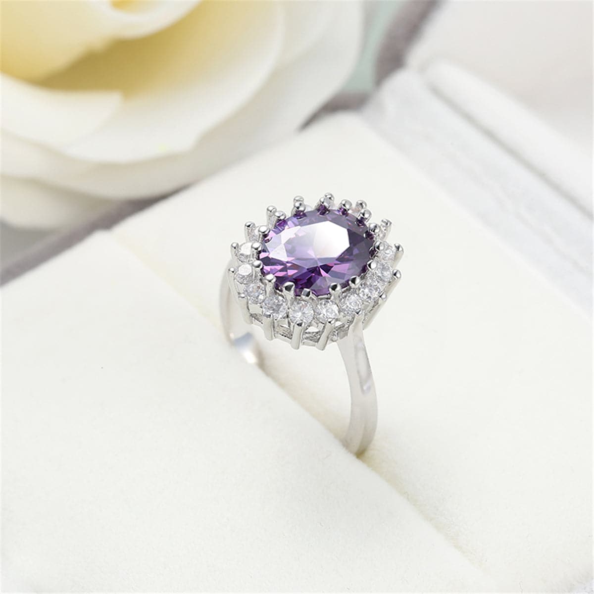 Purple Crystal and Silver-Plated Flower Ring, silver statement rings for women, everyday style, lifestyle look