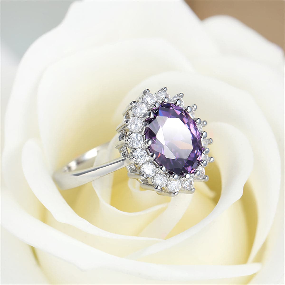 Purple Crystal and Silver-Plated Flower Ring, silver statement rings for women, everyday style, side view