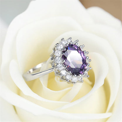Purple Crystal and Silver-Plated Flower Ring, silver statement rings for women, everyday style, side view