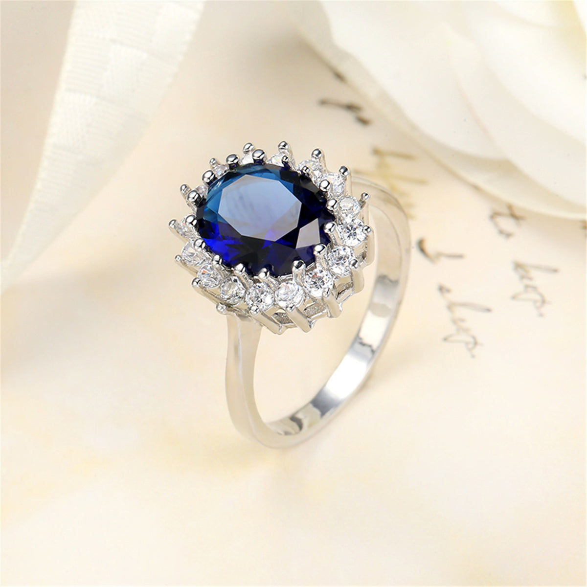 Navy Crystal & Cubic Zirconia Floral Ring
