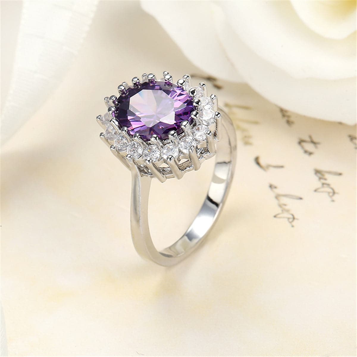 Purple Crystal and Silver-Plated Flower Ring, silver statement rings for women, everyday style, detail close-up