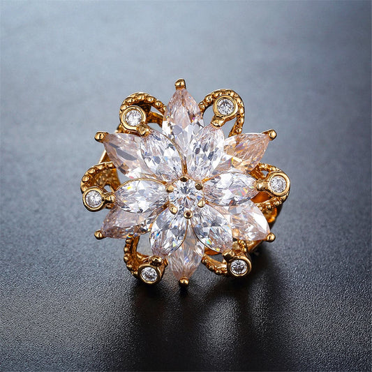 Cubic Zirconia and 18K Gold-Plated Snowflake Ring, gold statement rings for women, dainty minimalist design, front view