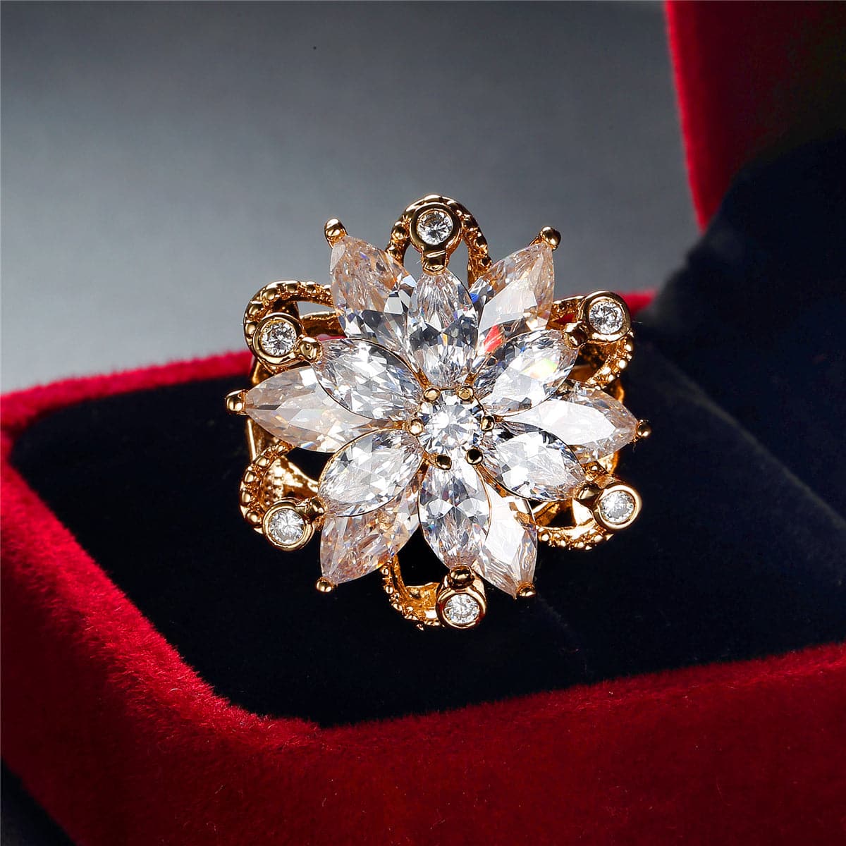 Cubic Zirconia and 18K Gold-Plated Snowflake Ring, gold statement rings for women, dainty minimalist design, detail close-up