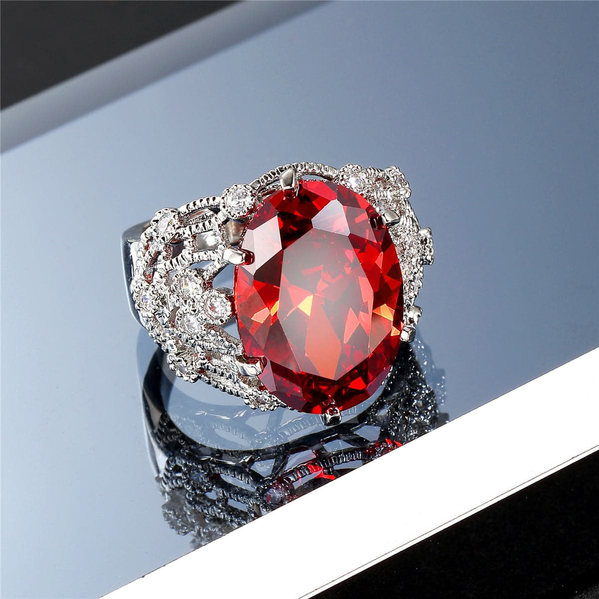 Red Crystal and Cubic Zirconia Oval Botanical Ring, statement rings for women, botanical inspired, detail close-up
