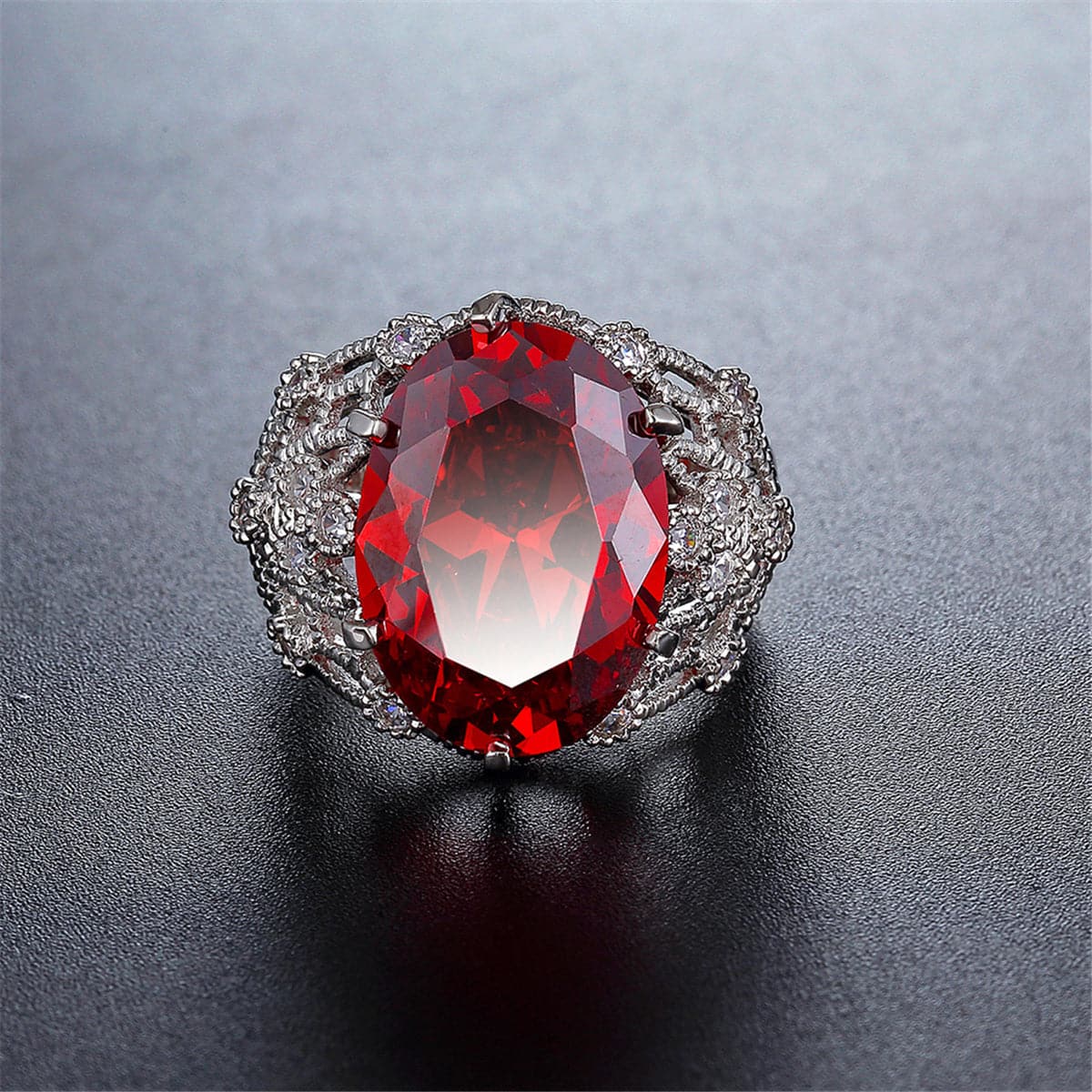 Red Crystal and Cubic Zirconia Oval Botanical Ring, statement rings for women, botanical inspired, lifestyle look