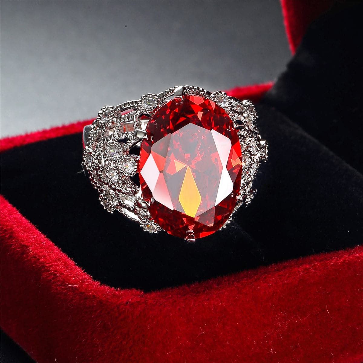 Red Crystal and Cubic Zirconia Oval Botanical Ring, statement rings for women, botanical inspired, styled look