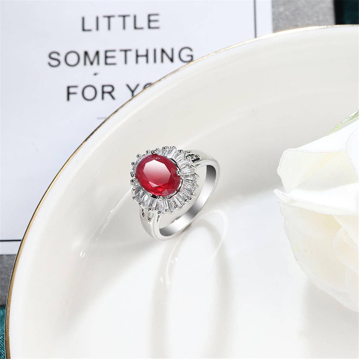 Red Cubic Zirconia and Crystal Baguette Halo Ring, statement rings for women, everyday style, side view