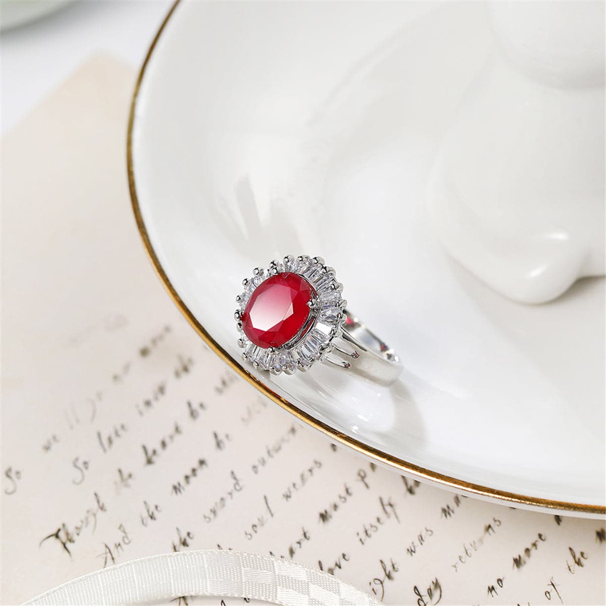Red Cubic Zirconia and Crystal Baguette Halo Ring, statement rings for women, everyday style, detail close-up