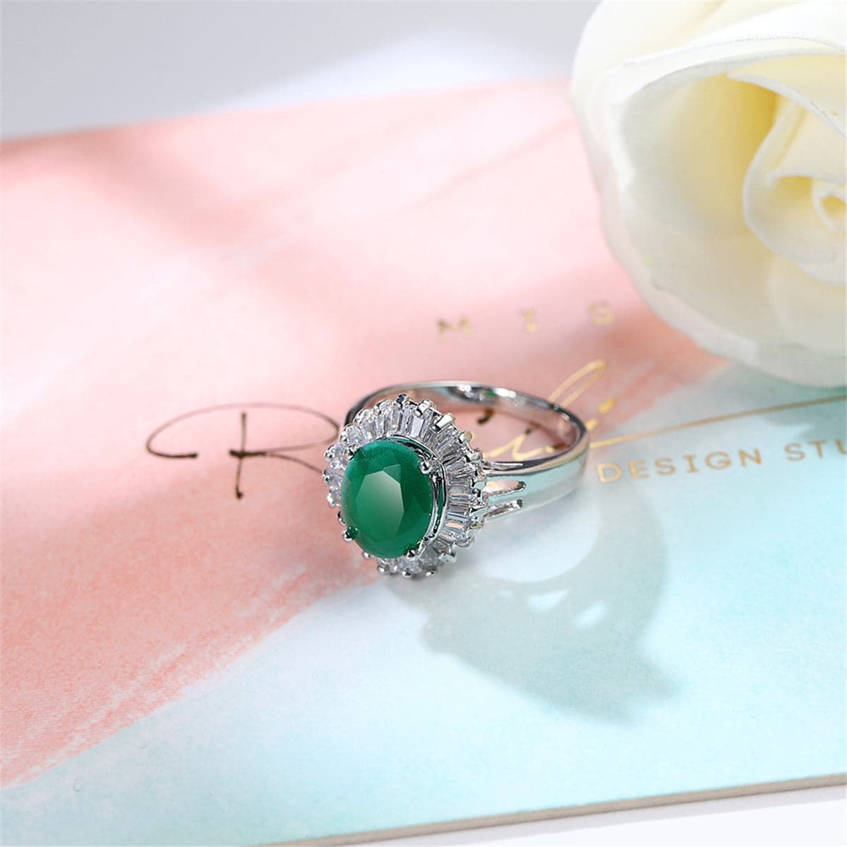 Green Crystal & Silver-Plated Botany Ring