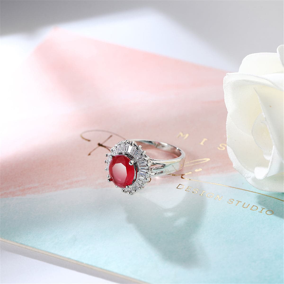 Red Cubic Zirconia and Crystal Baguette Halo Ring, statement rings for women, everyday style, lifestyle look