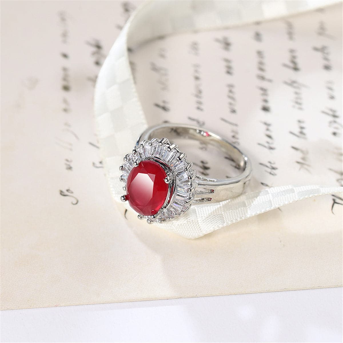 Red Cubic Zirconia and Crystal Baguette Halo Ring, statement rings for women, everyday style, styled look