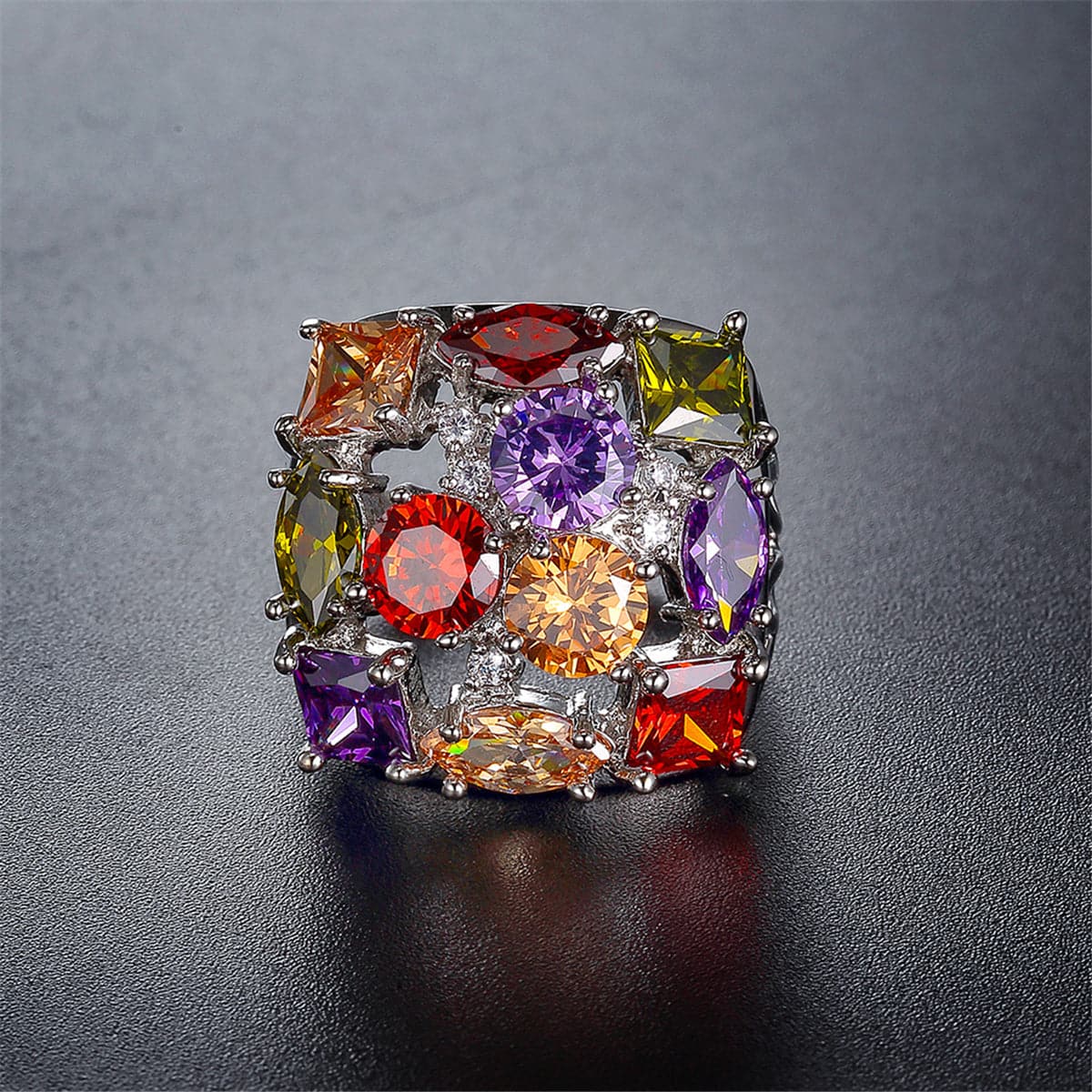 Purple Crystal & Silver-Plated Square Ring