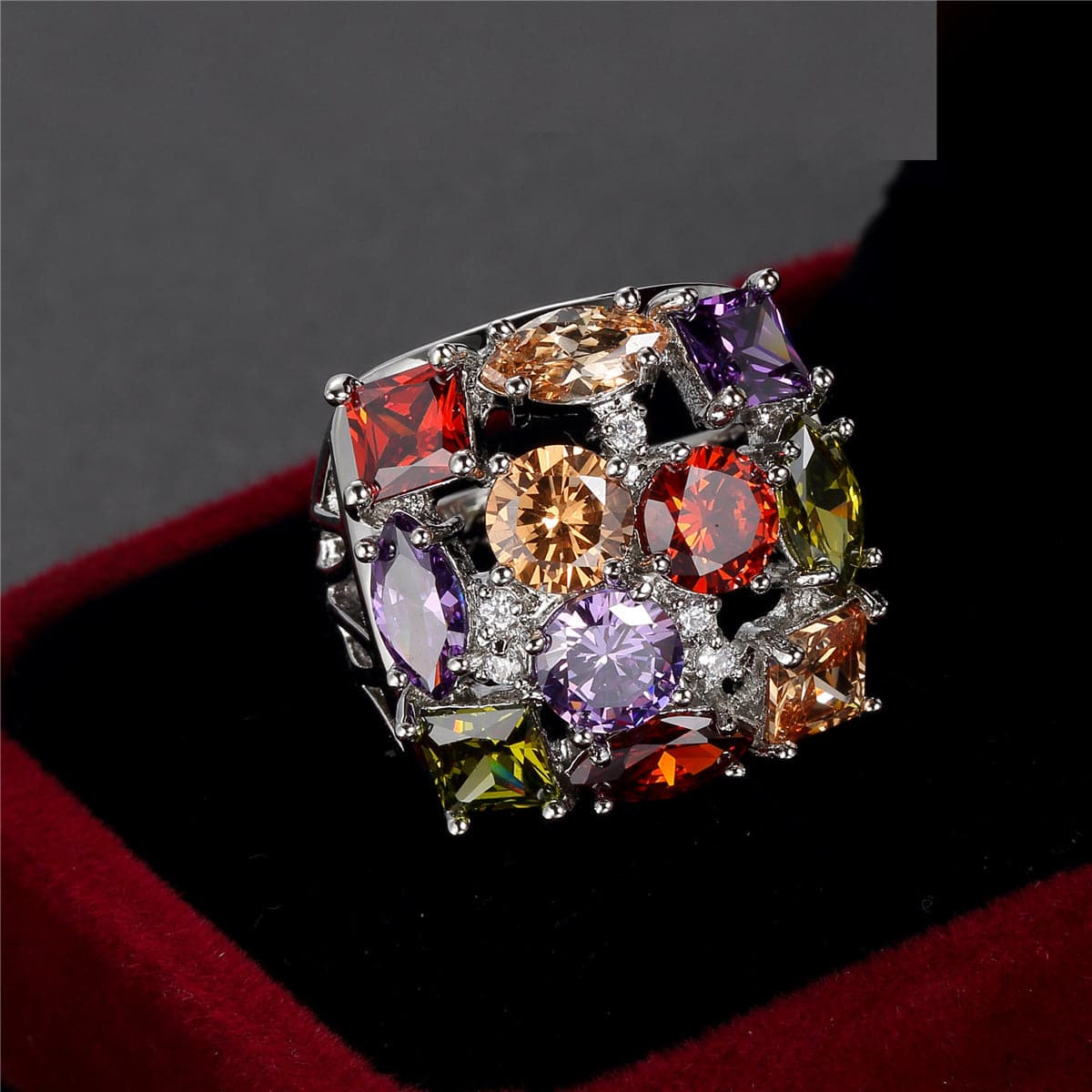 Purple Crystal & Silver-Plated Square Ring