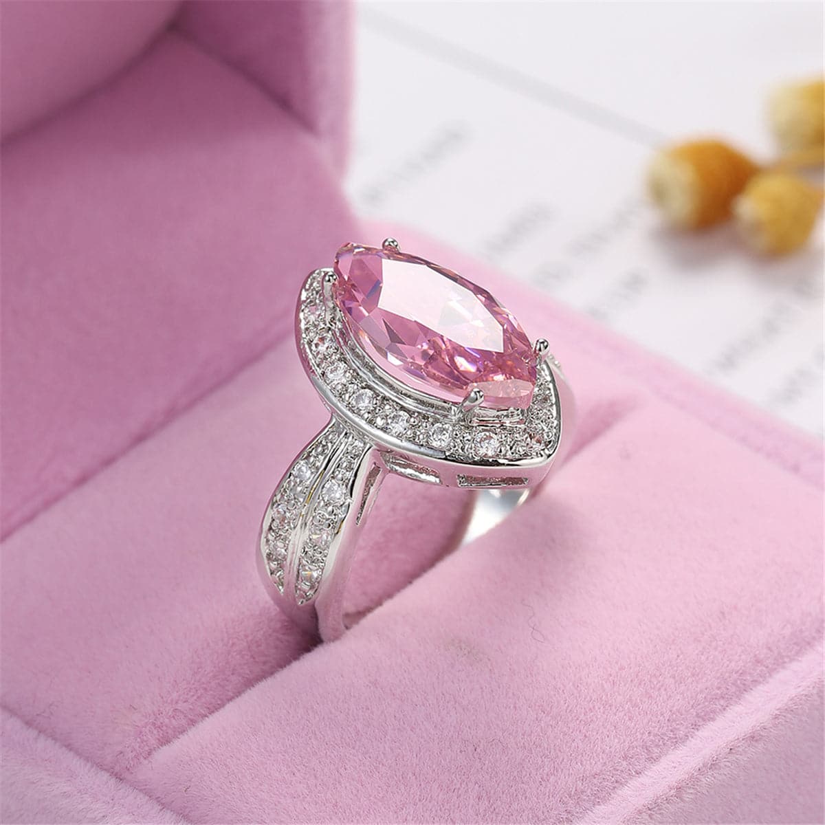 Pink Cubic Zirconia and Crystal Halo Marquise Ring, statement rings for women, dainty minimalist design, lifestyle look