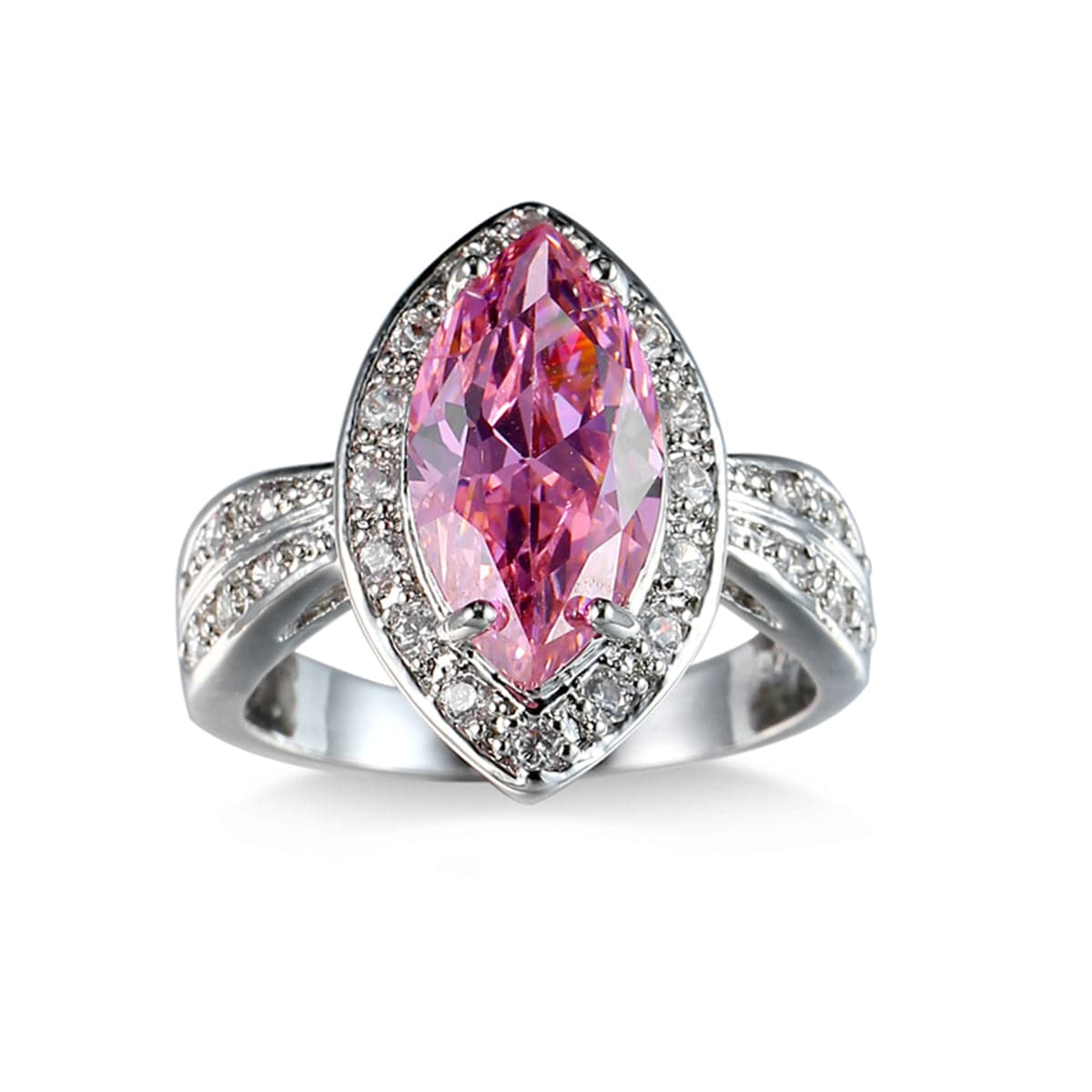 Pink Cubic Zirconia and Crystal Halo Marquise Ring, statement rings for women, dainty minimalist design, side view