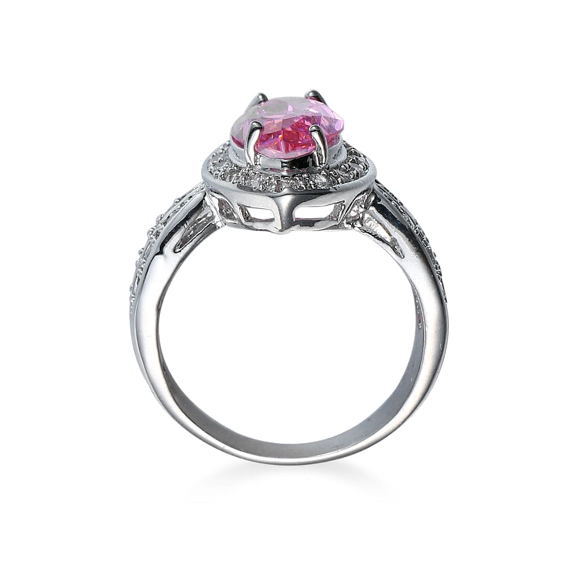 Pink Cubic Zirconia and Crystal Halo Marquise Ring, statement rings for women, dainty minimalist design, detail close-up