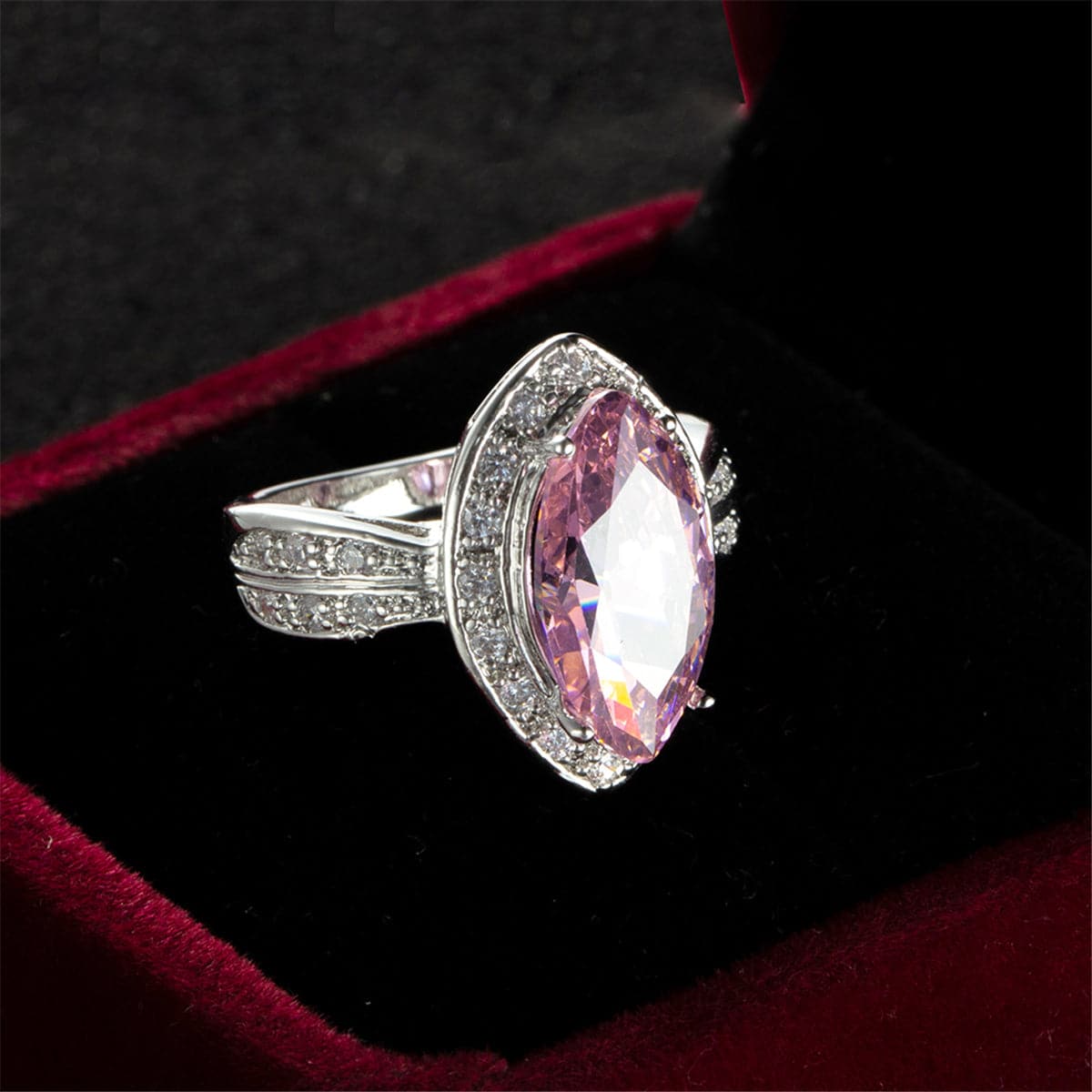 Pink Cubic Zirconia & Crystal Halo Marquise Ring