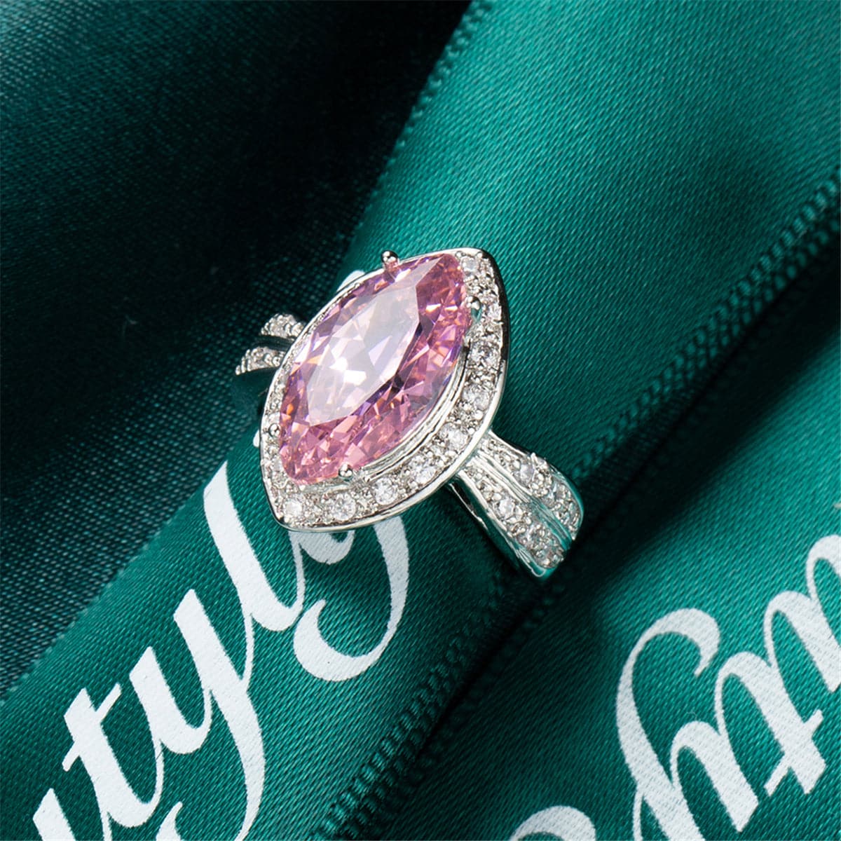 Pink Cubic Zirconia & Crystal Halo Marquise Ring