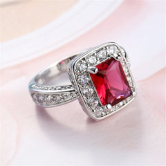 Rose Cubic Zirconia & Silver-Plated Rectangle Ring