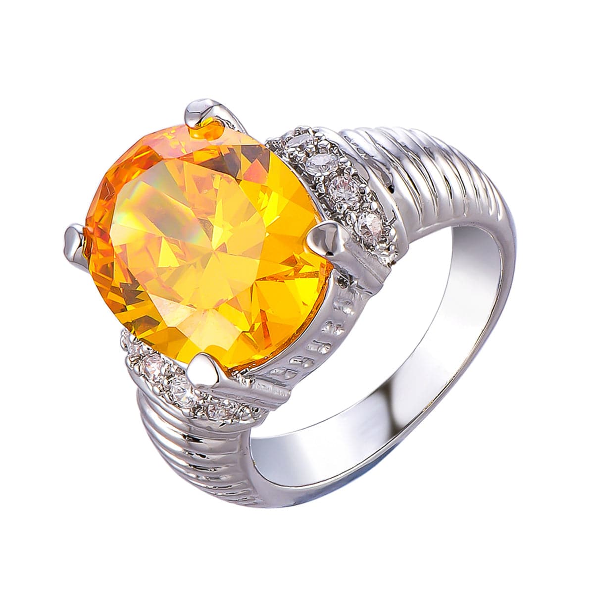 Yellow Crystal and Silver-Plated Oval-Cut Ring, silver statement rings for women, dainty minimalist design, side view