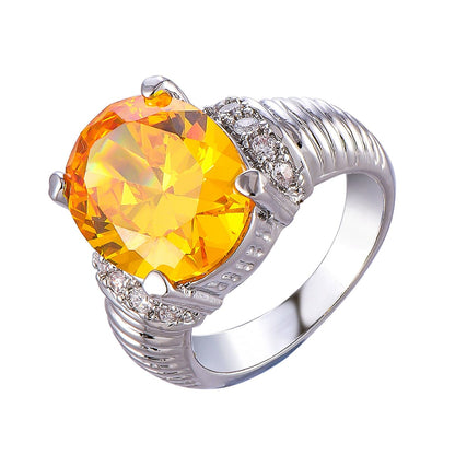 Yellow Crystal and Silver-Plated Oval-Cut Ring, silver statement rings for women, dainty minimalist design, side view