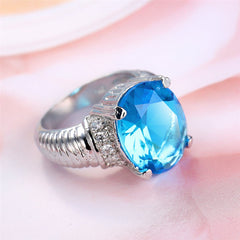 Sea Blue Cubic Zirconia & Crystal Textured Oval Ring