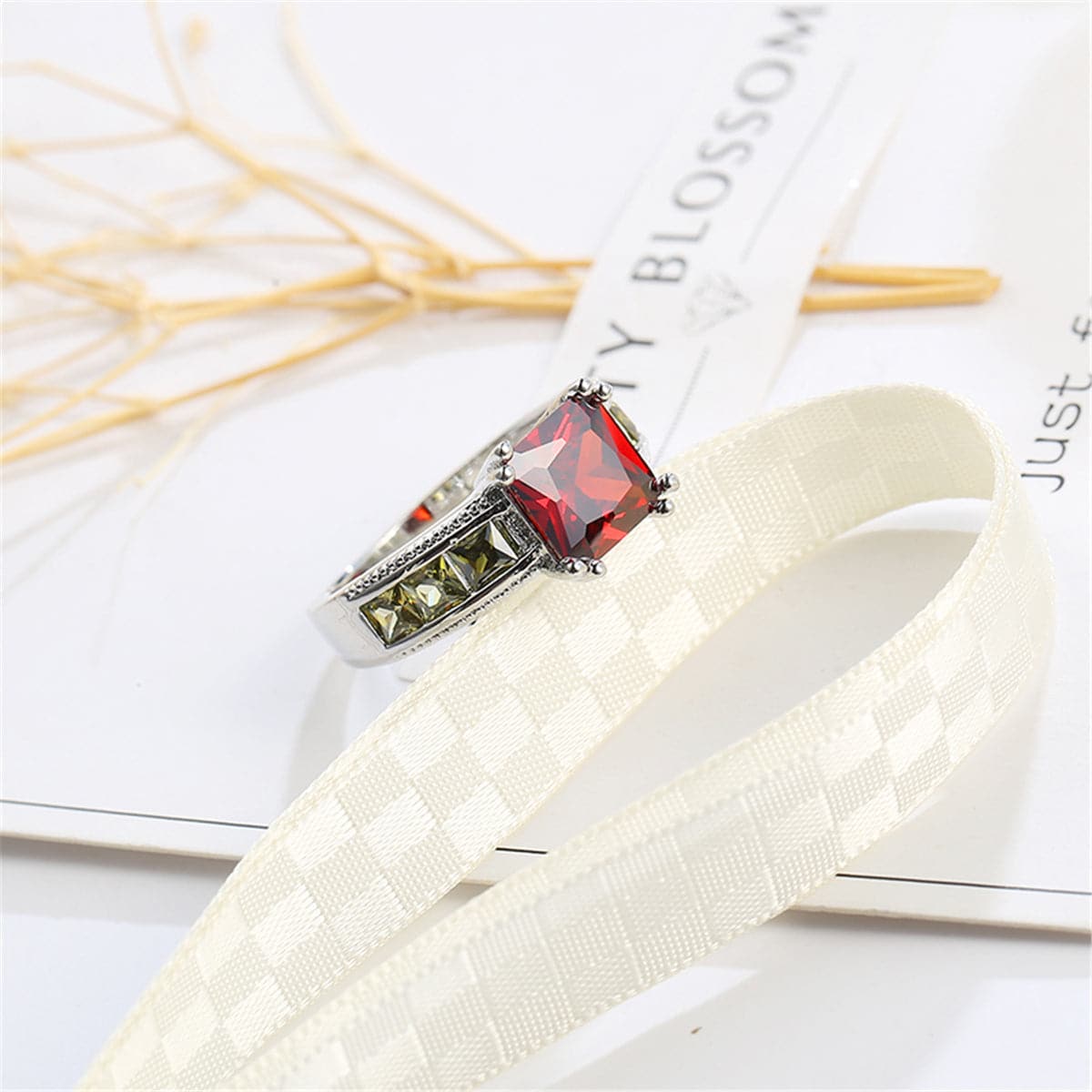 Red and Olive Green Crystal and Silver-Plated Princess-Cut Ring, silver statement rings for women, side view