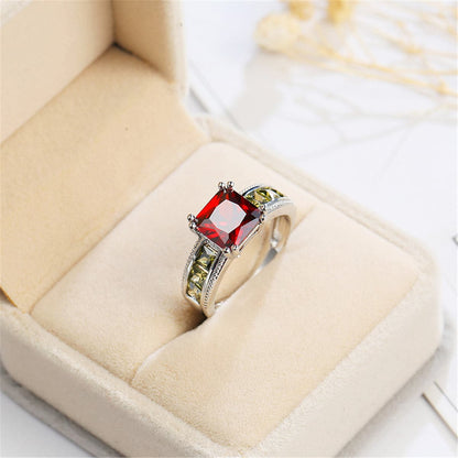 Red and Olive Green Crystal and Silver-Plated Princess-Cut Ring, silver statement rings for women, styled look