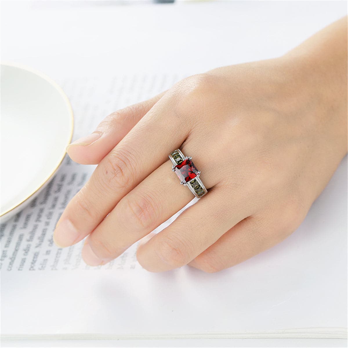 Red and Olive Green Crystal and Silver-Plated Princess-Cut Ring, silver statement rings for women, lifestyle look