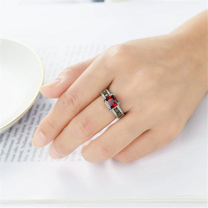 Red and Olive Green Crystal and Silver-Plated Princess-Cut Ring, silver statement rings for women, lifestyle look