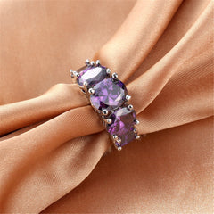 Purple Crystal & Silver-Plated Five-Stone Oval Ring