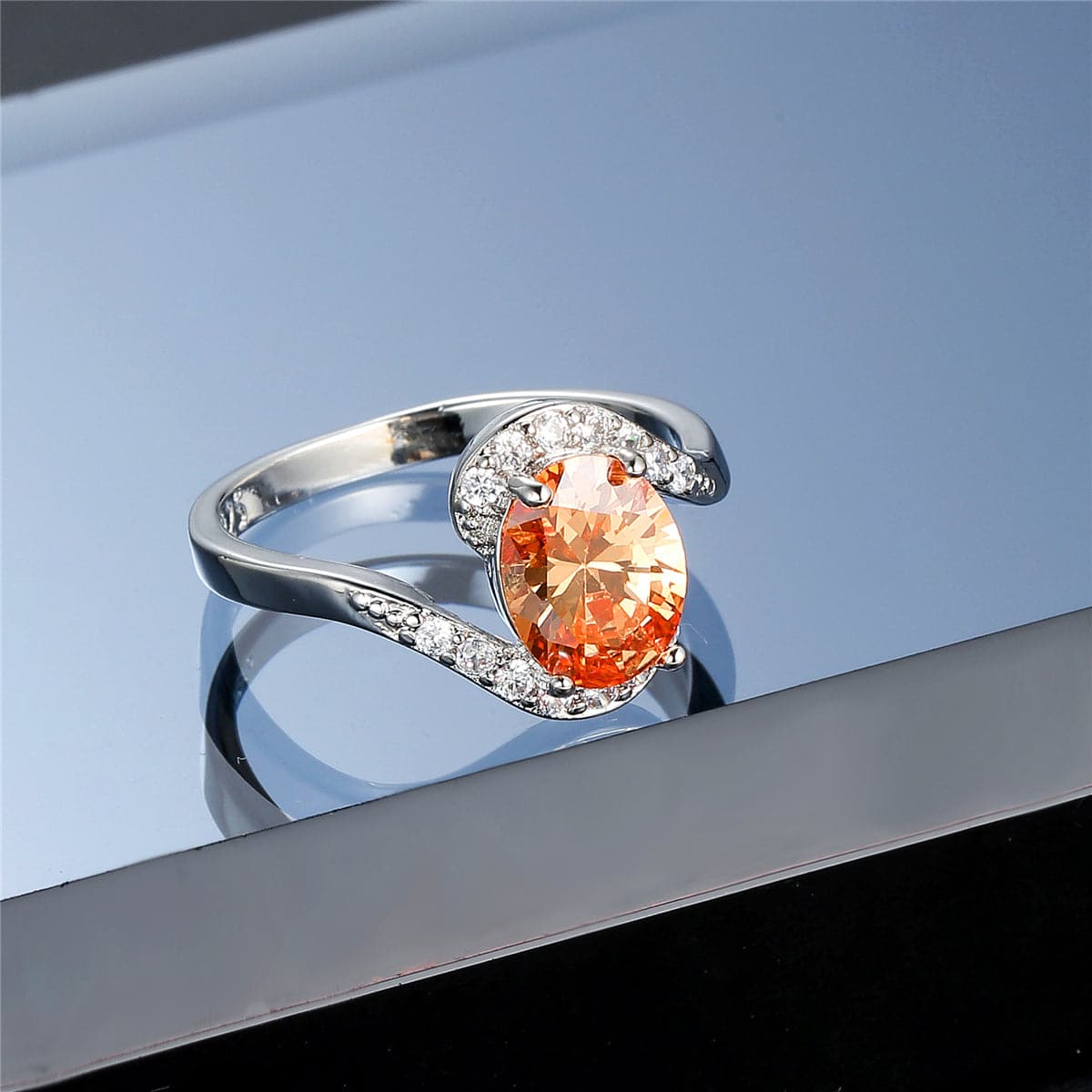 Champagne Crystal and Cubic Zirconia Oval Ring, statement rings for women, dainty minimalist design, styled look