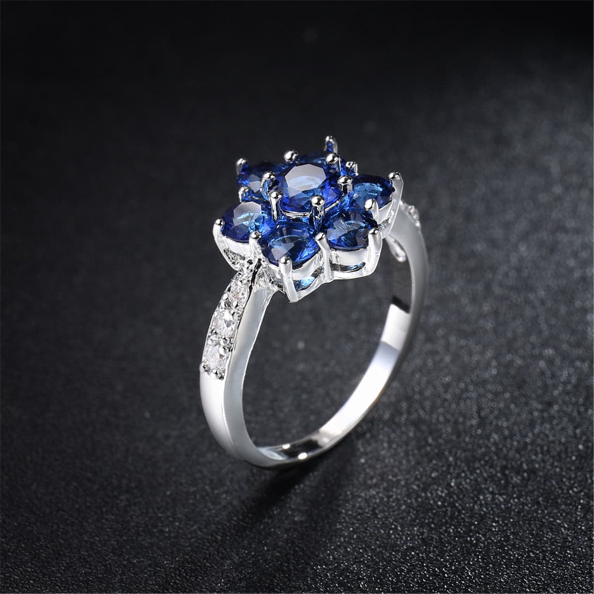 Navy Crystal and Cubic Zirconia Flower Ring, statement rings for women, everyday style, detail close-up