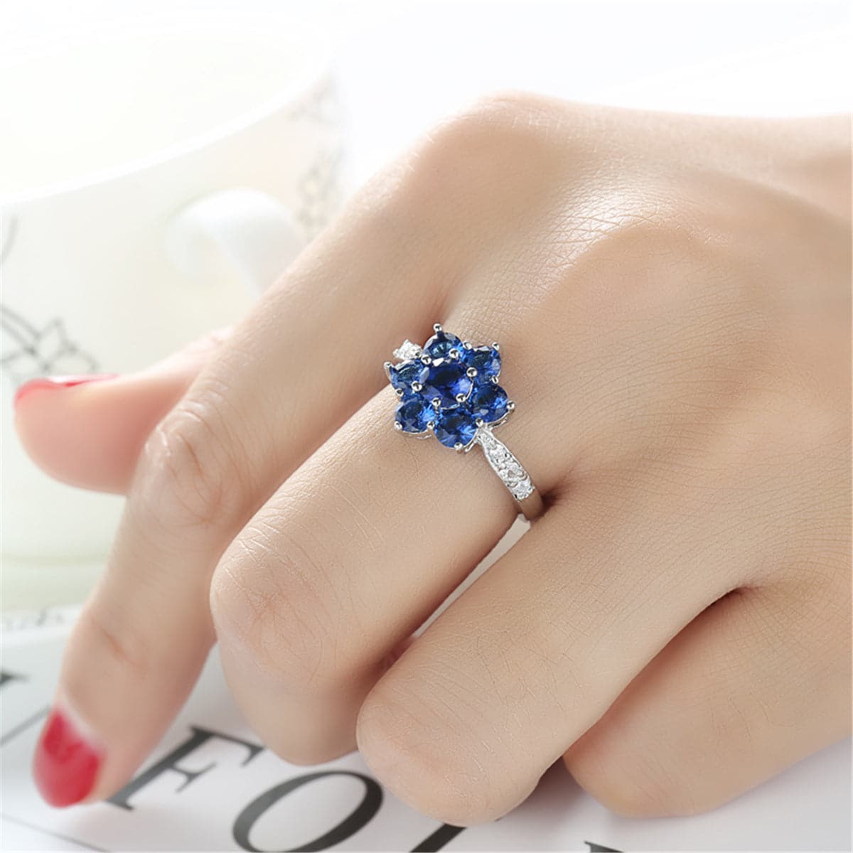 Navy Crystal and Cubic Zirconia Flower Ring, statement rings for women, everyday style, lifestyle look