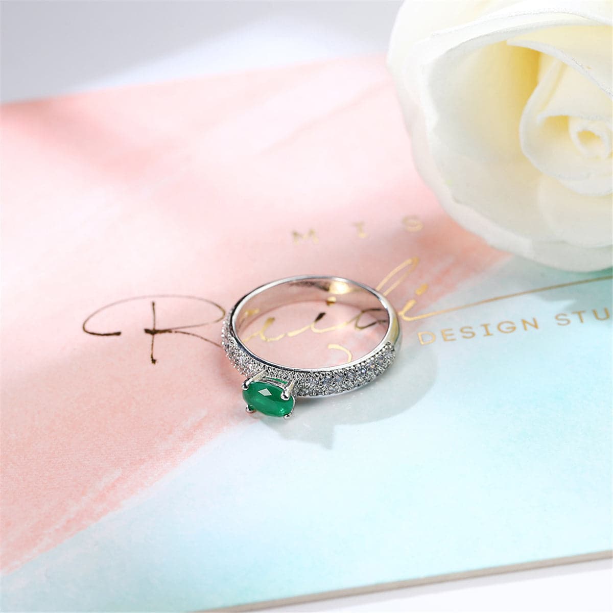 Green Cubic Zirconia & Silver-Plated Oval Ring