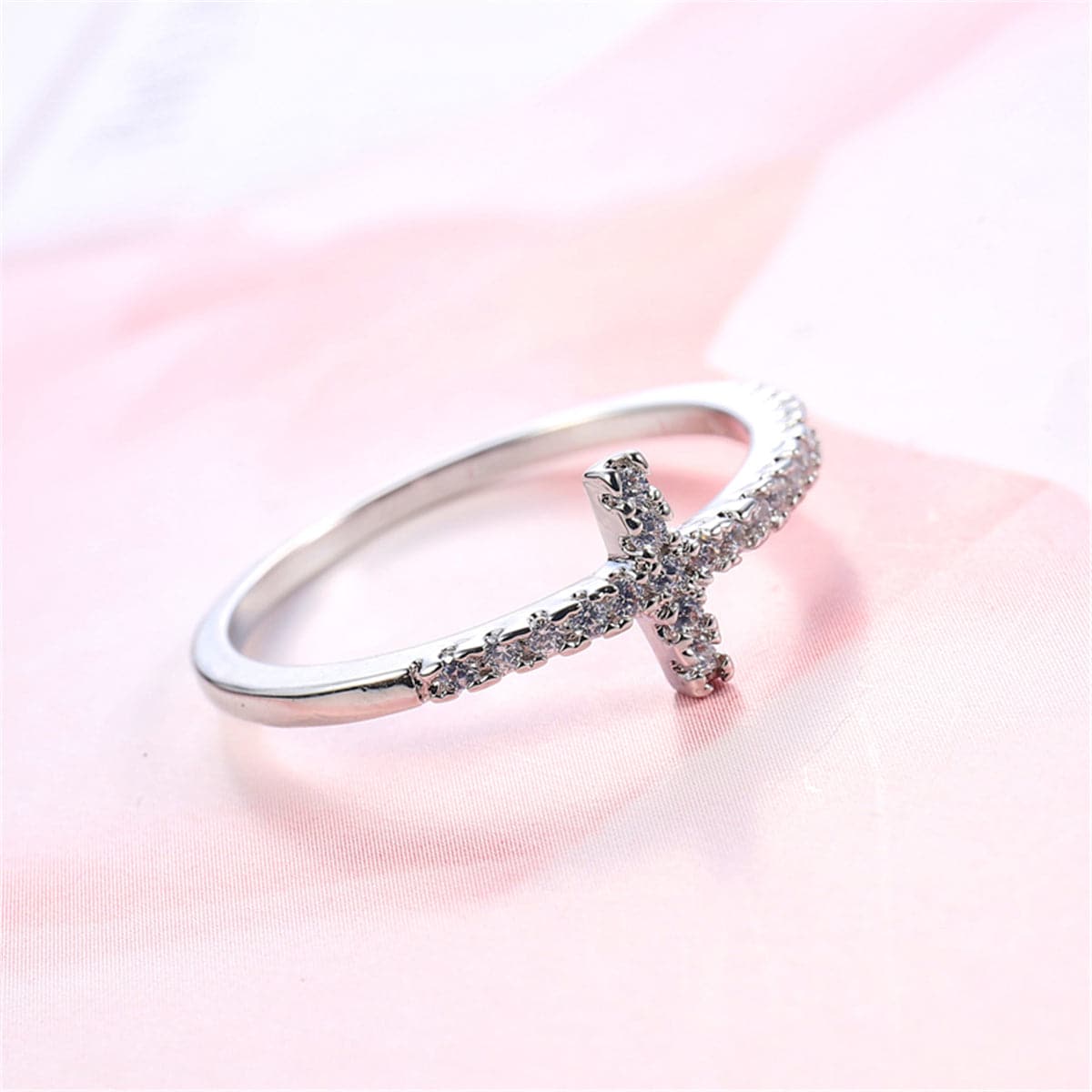 White Cubic Zirconia Cross Ring, statement rings for women, elegant gift for her, lifestyle look
