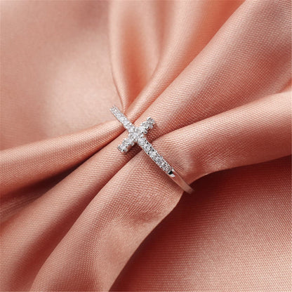 White Cubic Zirconia Cross Ring, statement rings for women, elegant gift for her, styled look