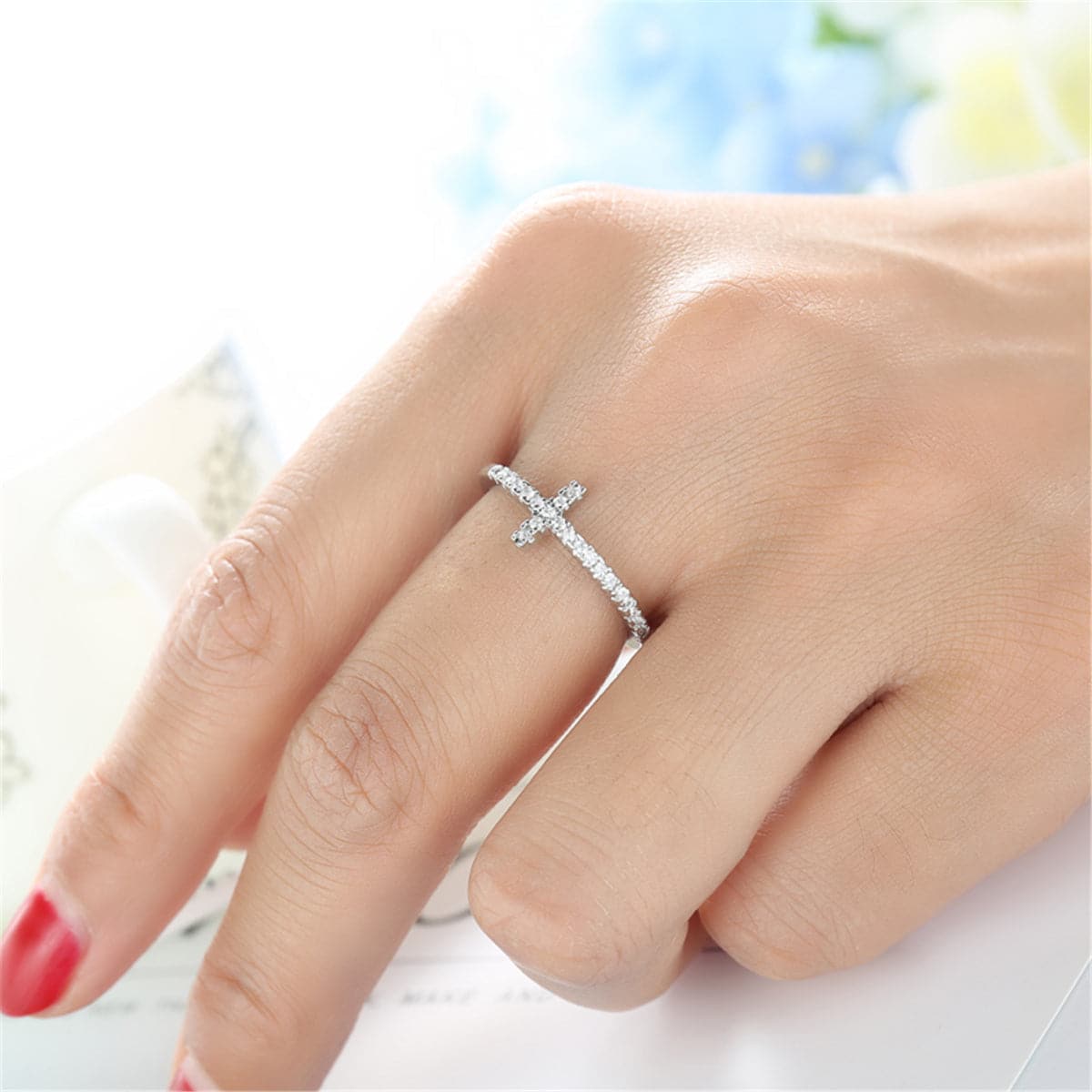 White Cubic Zirconia Cross Ring, statement rings for women, elegant gift for her, front view
