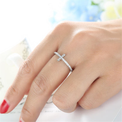 White Cubic Zirconia Cross Ring, statement rings for women, elegant gift for her, front view